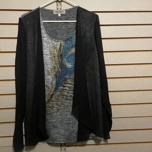 Closet Full Womens Grey Space Dye Top Sheer Black Overlay Abstract Graphic Large